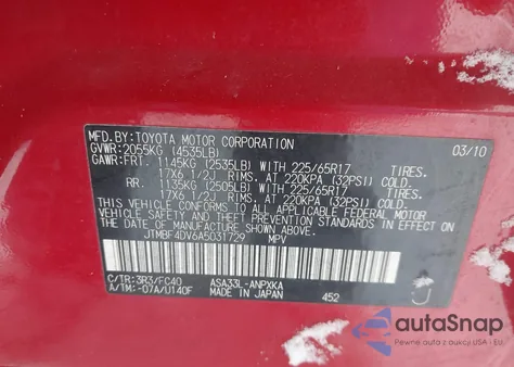 2010 Toyota Rav4 z USA, uszkodzony, nr VIN JTMBF4DV6A5031729